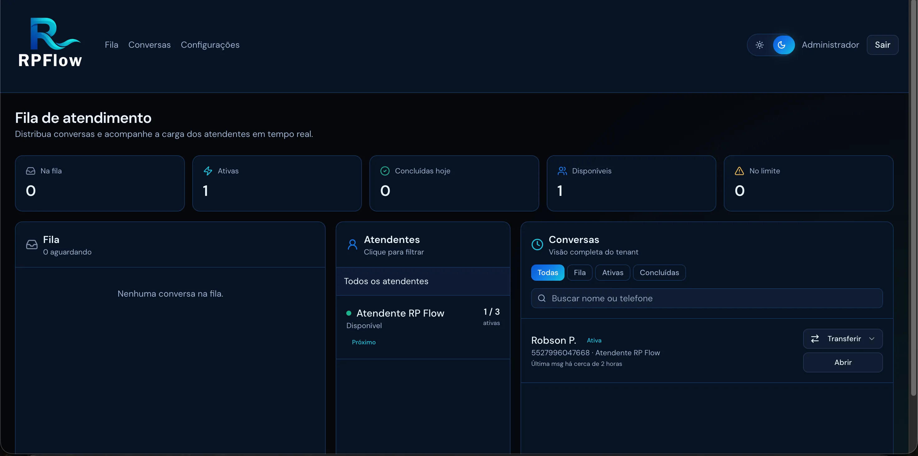 RPFlow manager dashboard with metrics, queue, and agents